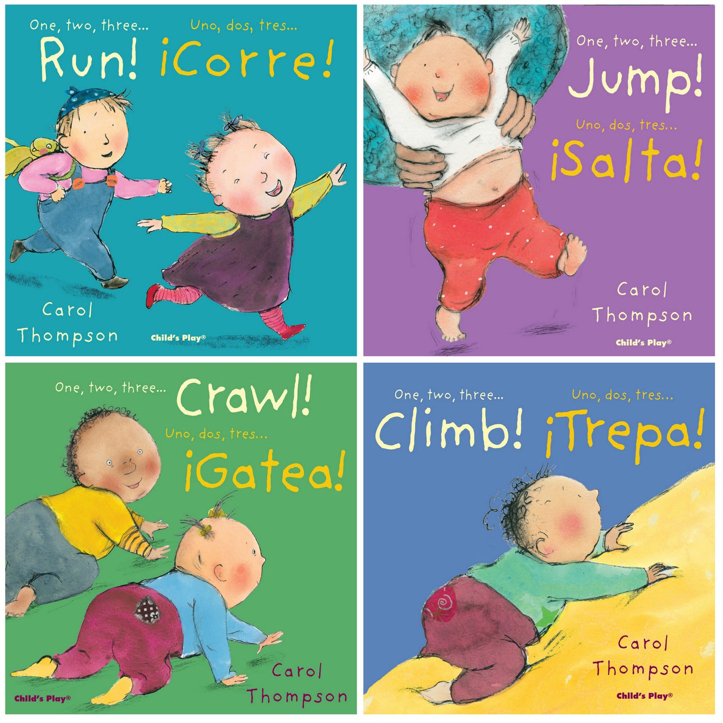 Four board book covers from Child's Play Little Movers bilingual set featuring illustrated toddlers in action poses with English and Spanish text: Run/¡Corre!,