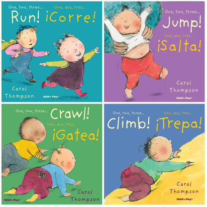Four board book covers from Child's Play Little Movers bilingual set featuring illustrated toddlers in action poses with English and Spanish text: Run/¡Corre!,