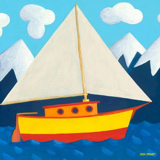 Illustration of a colorful sailboat with cream sail, orange cabin with portholes, yellow and red hull on blue water with snow-capped mountains and clouds