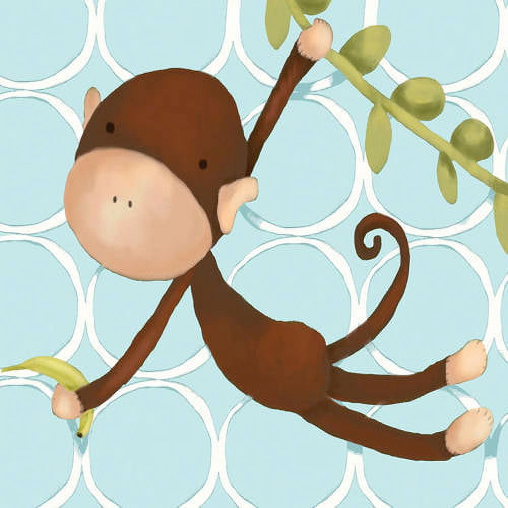 Illustrated brown monkey hanging from tree branch with green leaves, reaching for bananas on light blue background with white geometric pattern