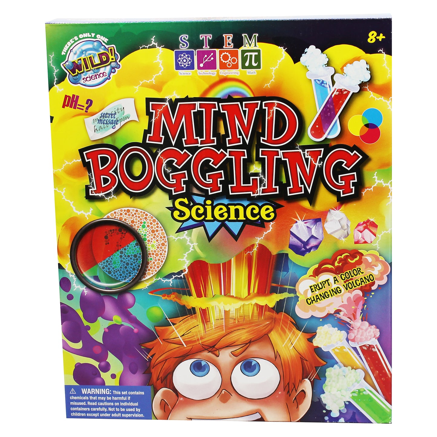 Mind Boggling Science kit box featuring STEM icons, colorful science experiments including pH testing, color-changing volcano, and crystal growing, with illustr