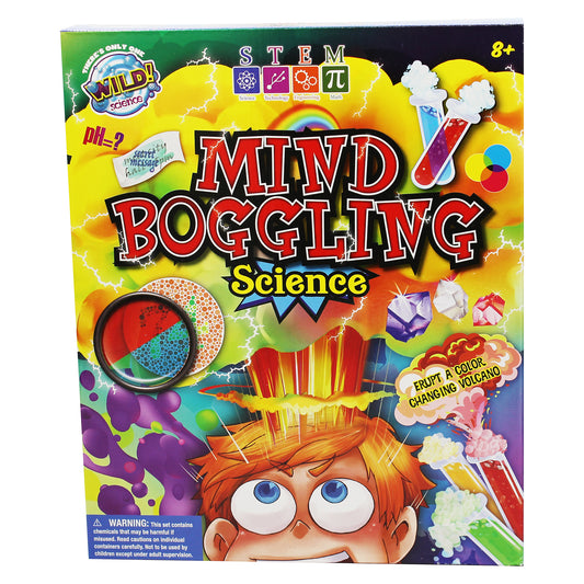 Mind Boggling Science kit box featuring STEM icons, colorful science experiments including pH testing, color-changing volcano, and crystal growing, with illustr