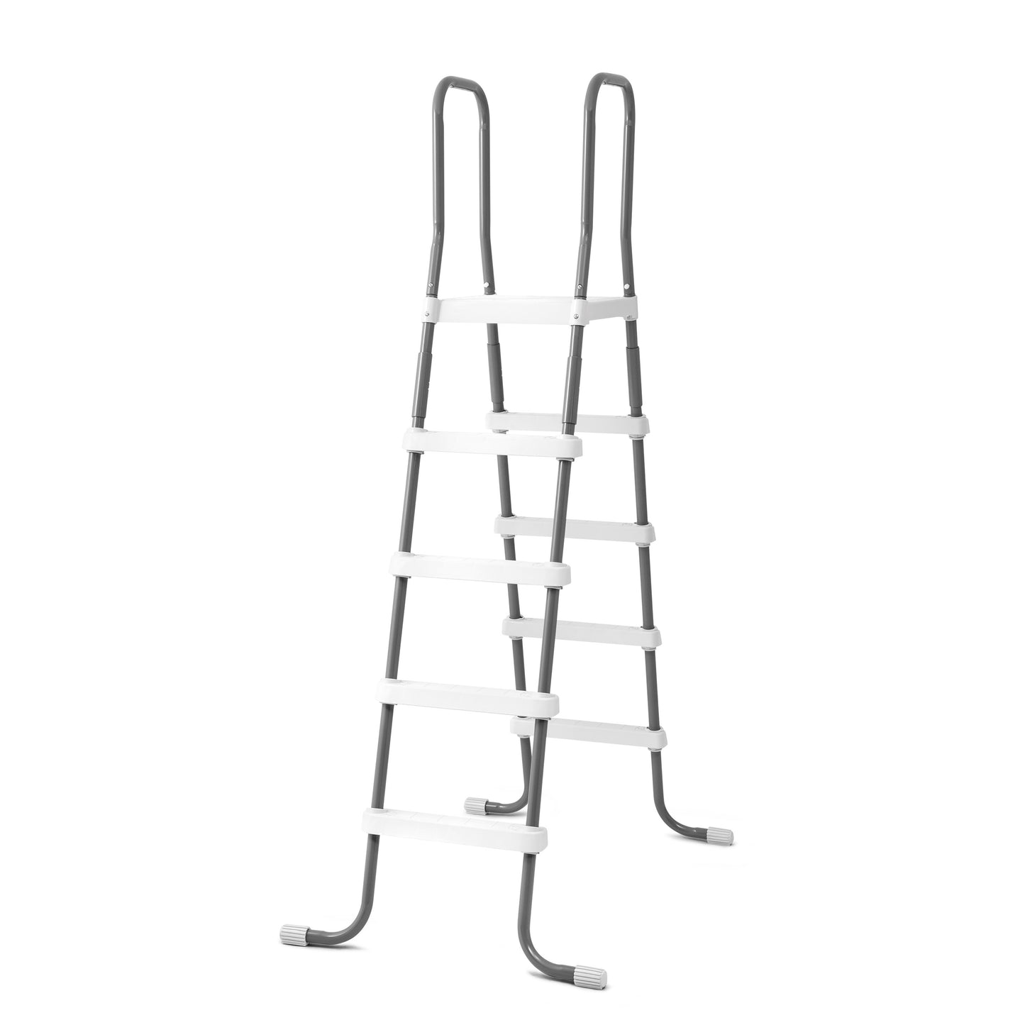 Gray and white coated steel pool ladder with dual handrails and wide steps, standing upright on plain background