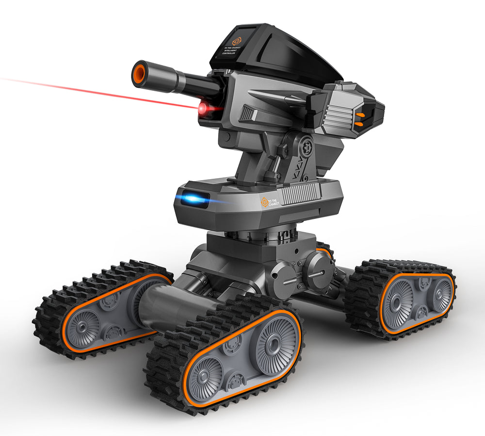 Black and gray remote control tank with orange-trimmed treads, rotating turret with laser and gel blaster cannon, blue illuminated base, shown firing red laser