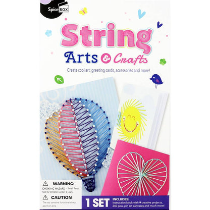 Spicebox String Arts & Crafts kit packaging showing colorful string art projects including a hot air balloon, smiling sun card, and heart design on pink canvas