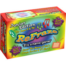 ReFraze 90s Pop Edition name game box with colorful retro styling and bright red packaging