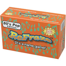 Orange box for Talicor Refraze 2000s Pop Edition Party Game with colorful text and retro design