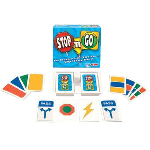 STOP 'N GO Quick Response Card Game showing blue box, colored card decks, and game cards with symbols including STOP, GO, PASS, and lightning bolt icons