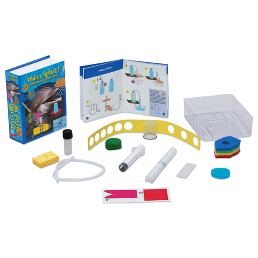 The Magic School Bus Water Splash Science Kit contents displayed: blue box with instruction booklet, yellow curved track piece, clear storage container, test tu