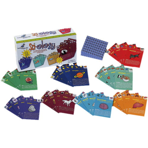 Sci-ology Memory Strategy Science Game Kit box with colorful card sets displayed, including green, blue, burgundy, teal, and orange themed cards with science il