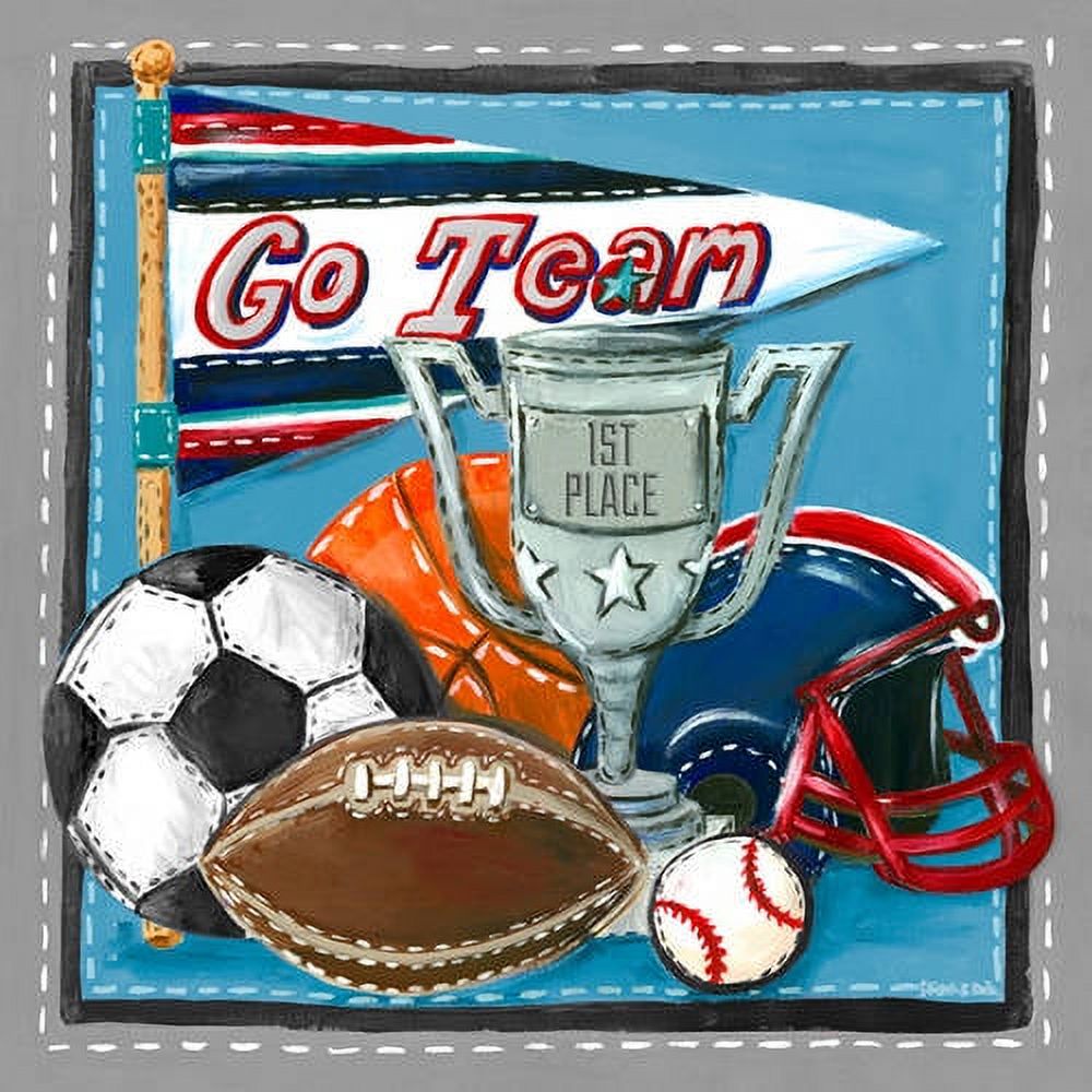 Go Team! canvas art featuring sports equipment including soccer ball, football, baseball, trophy, and football helmet on blue background with pennant flag