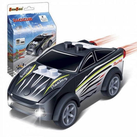 Black and yellow racing buggy toy with lights and white pull-back handles, shown with packaging box displaying BanBao branding