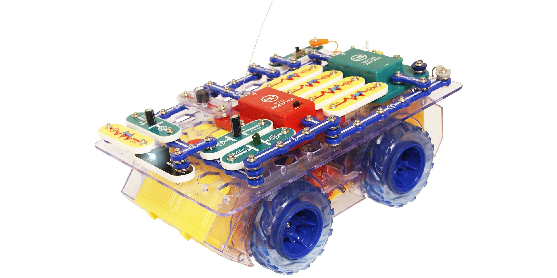 Snap Circuits Snap Rover with transparent chassis, blue wheels, yellow bumper, red circuit board component, and multiple colorful circuit snap cards stacked on