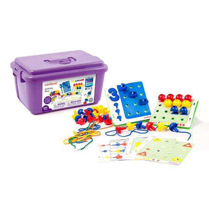 Miniland Activity Pins set with purple storage container, colorful pegs, pegboards, activity cards, and string laces for math and fine motor skill development