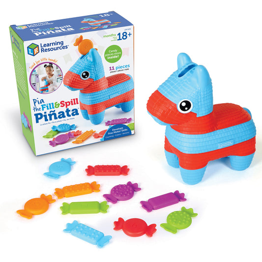 Learning Resources Pia the Fill & Spill Pinata toy with blue and red textured body, googly eyes, and 11 colorful candy-shaped pieces in various colors