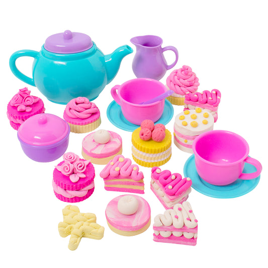 Tutti Frutti Sparkling Tea Time playset with turquoise teapot with purple lid, purple pitcher, pink cups on blue saucers, purple bowl with pink lid, and colorfu