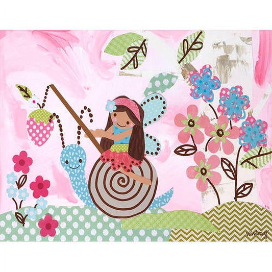 Illustrated canvas art featuring a girl on a swing surrounded by colorful flowers, leaves, and decorative patterns in pink, blue, and green tones