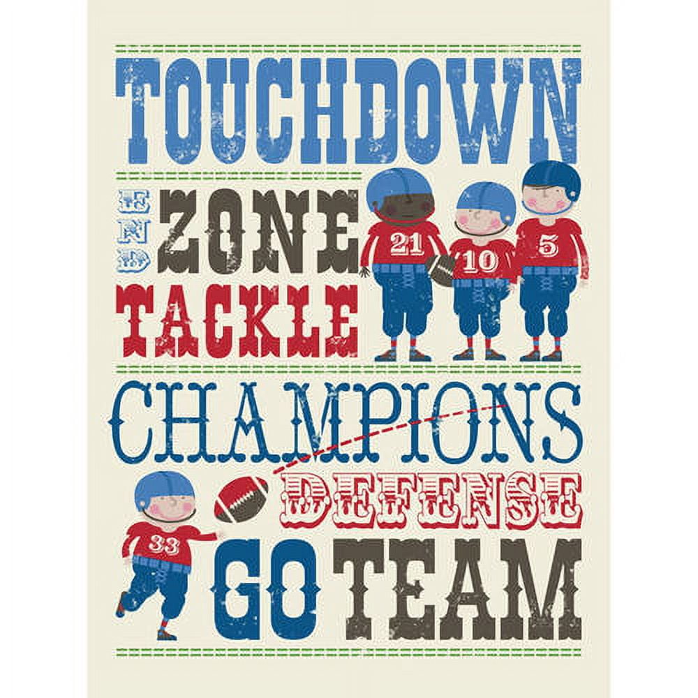 Touchdown zone tackle champions defense go team graphic with illustrated football players in red and blue jerseys on cream background