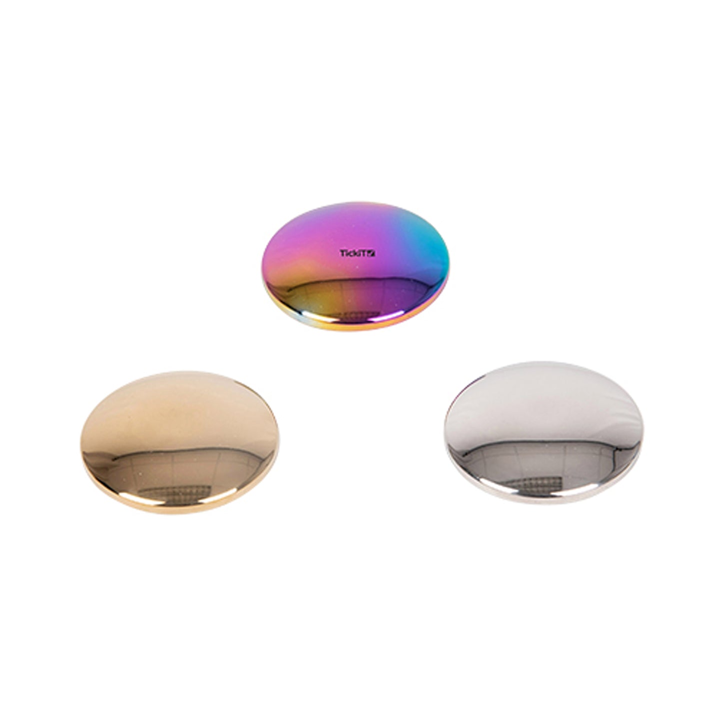 Three reflective sound buttons in multicolor iridescent, rose gold, and silver finishes on plain background