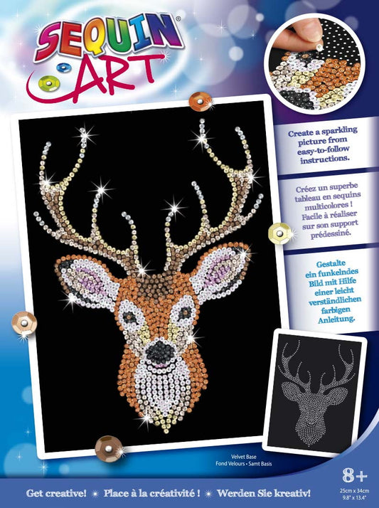 Sequin Art Blue Range Sparkling Stag Head Craft Kit showing completed deer head design made with multicolored sequins on black velvet base, with instruction car