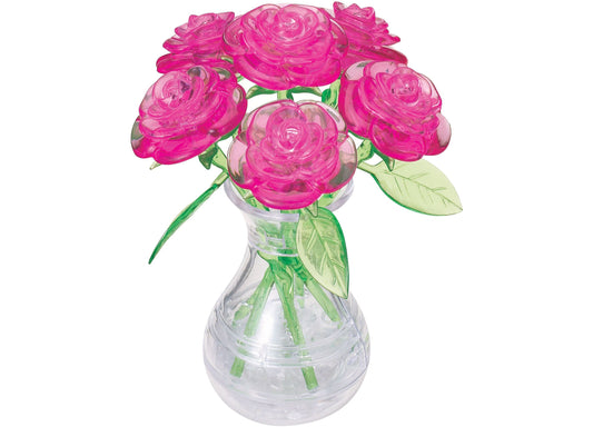 3D crystal puzzle of pink roses in a clear glass vase with green stems and leaves