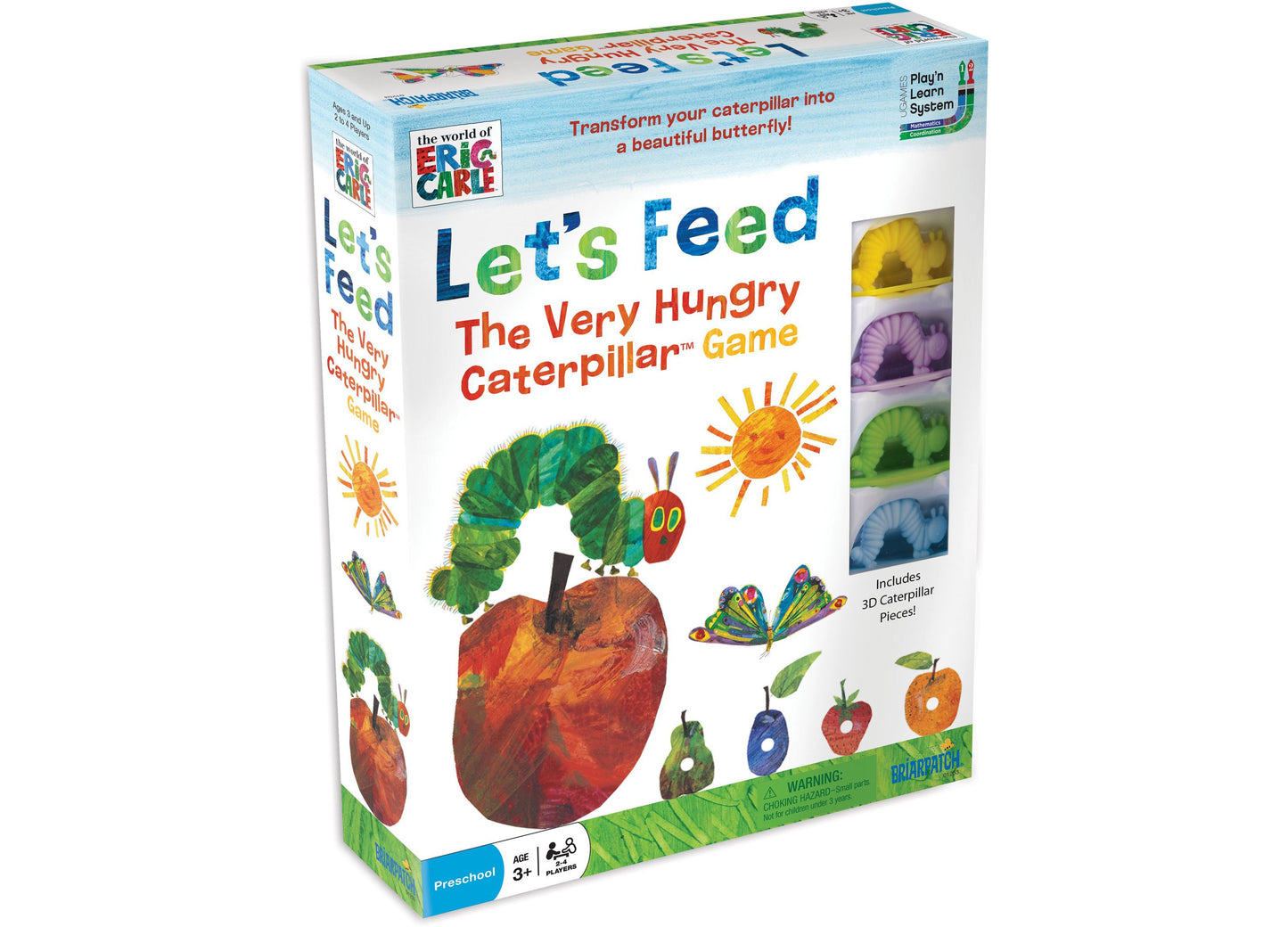 Let's Feed The Very Hungry Caterpillar Game box featuring Eric Carle artwork with colorful caterpillar, apple, and butterfly illustrations, includes 3D caterpil