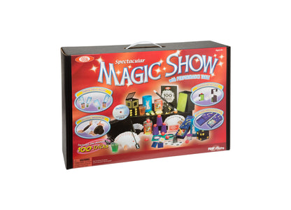 Ideal Spectacular Magic Show suitcase set with performance table, including 100 magic tricks, instructional DVD, cards, coins, and colorful magic props displaye