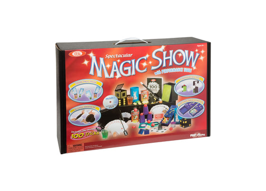 Ideal Spectacular Magic Show suitcase set with performance table, including 100 magic tricks, instructional DVD, cards, coins, and colorful magic props displaye