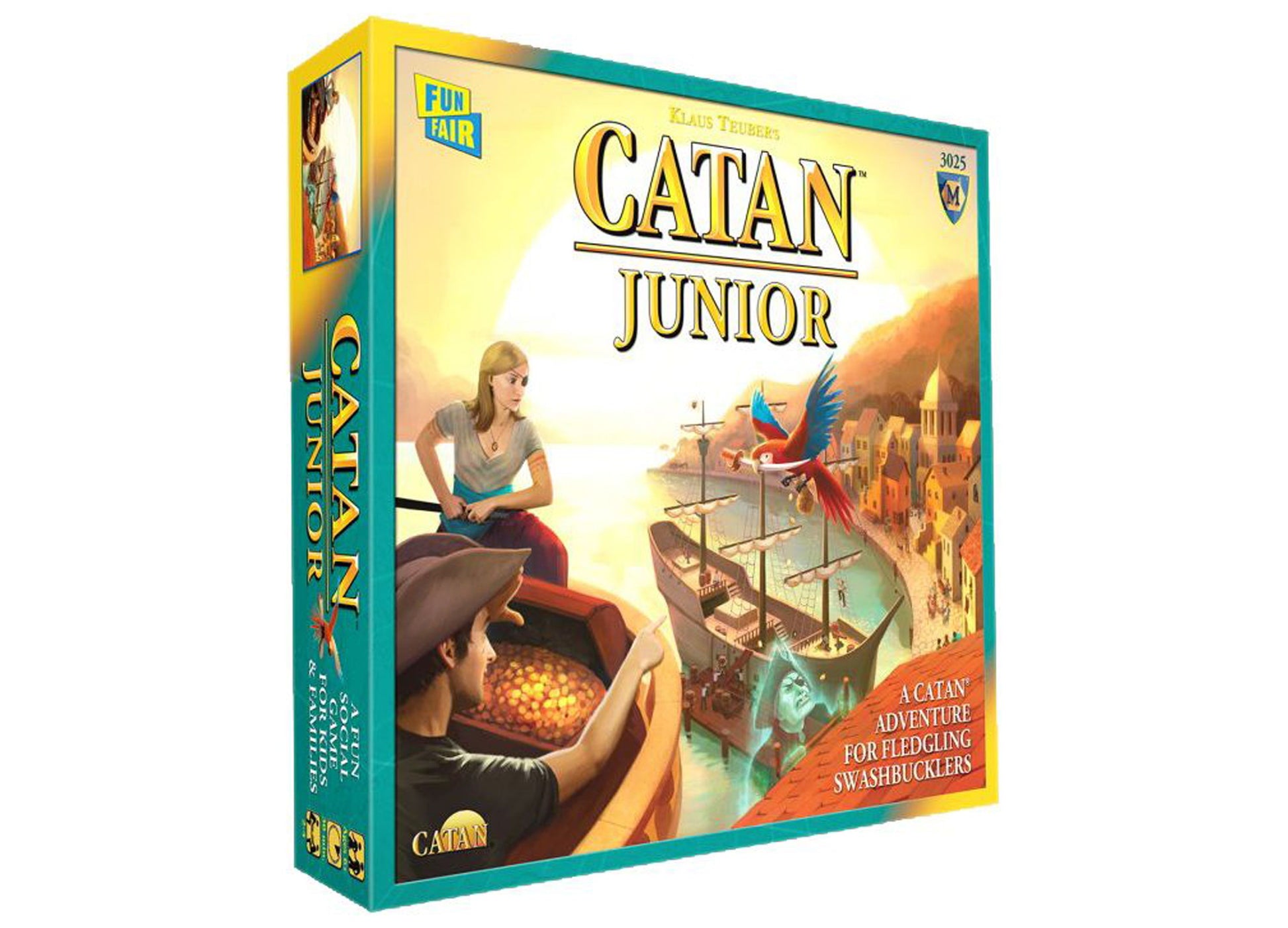 Catan Junior board game box featuring illustrated children playing a pirate-themed strategy game with ships and island settlements