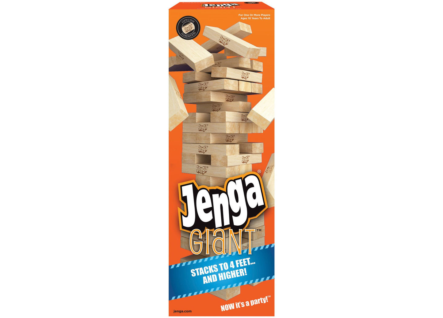 Jenga Giant box showing stacked wooden blocks reaching to 4 feet tall on orange packaging