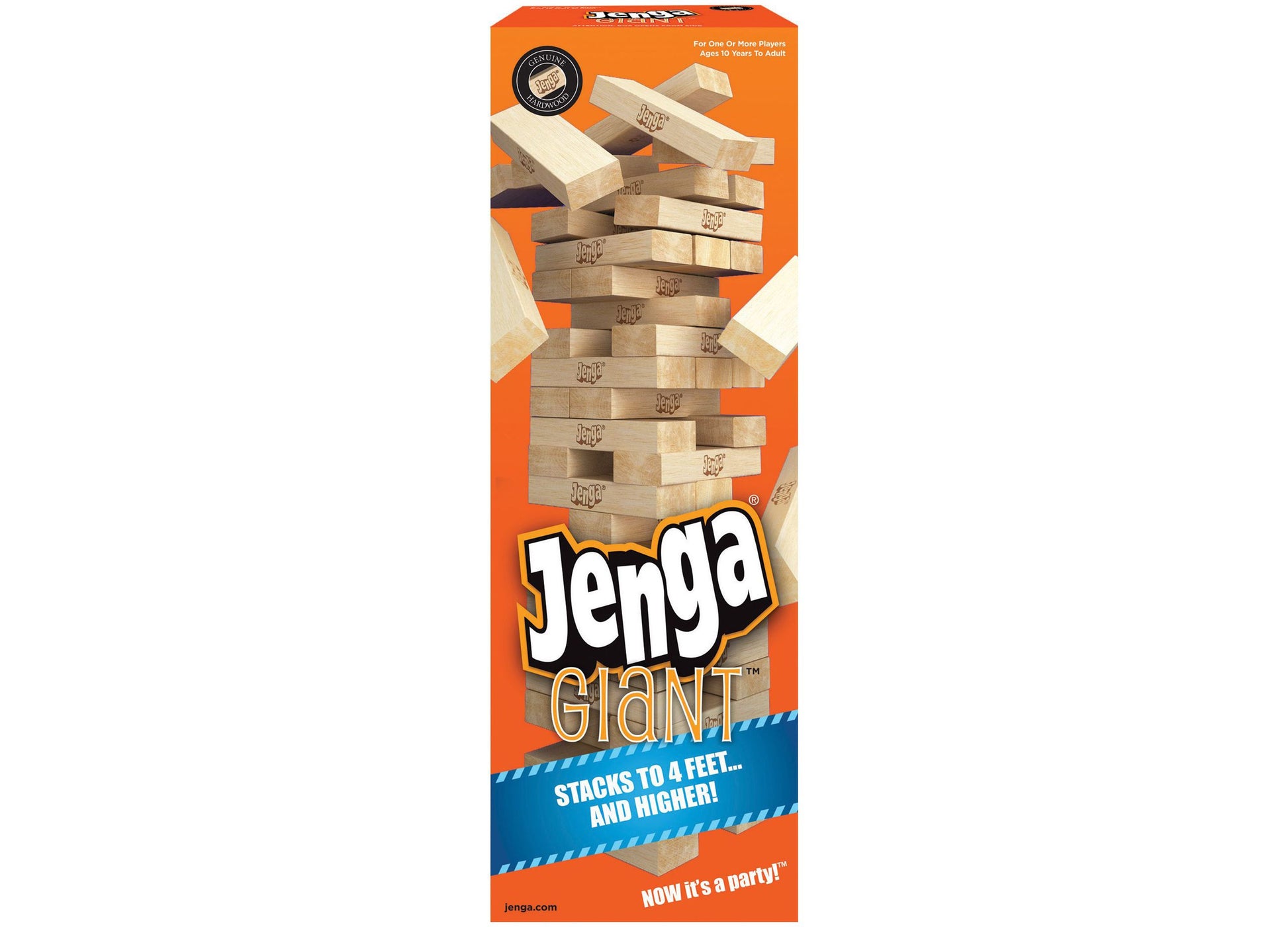 Jenga Giant box showing stacked wooden blocks reaching to 4 feet tall on orange packaging