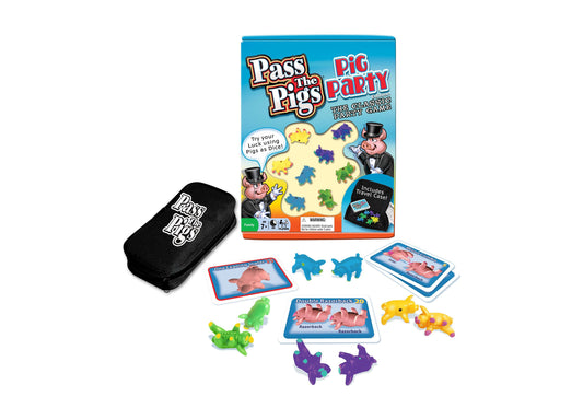 Pass the Pigs: Pig Party Edition game box with travel case, cards, and colorful pig-shaped game pieces in blue, green, yellow, and purple