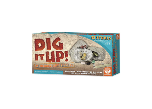 Dig It Up! Minerals and Fossils excavation kit box showing 12 chisels with embedded stones and fossils, ages 4+