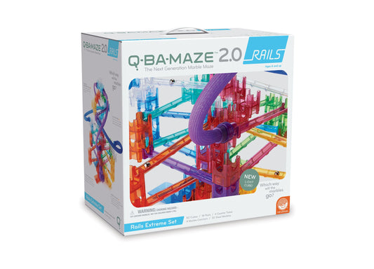 Q-BA-MAZE 2.0 Rails Extreme Set box showing colorful marble maze track system with blue, red, purple, orange, and green rails and cubes