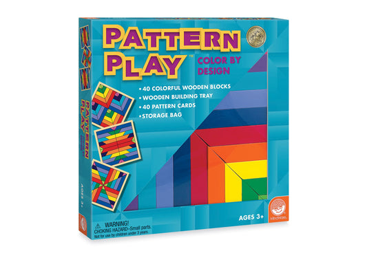 Pattern Play Color by Design set box showing 40 colorful wooden blocks, wooden building tray, 40 pattern cards, and storage bag for ages 3+