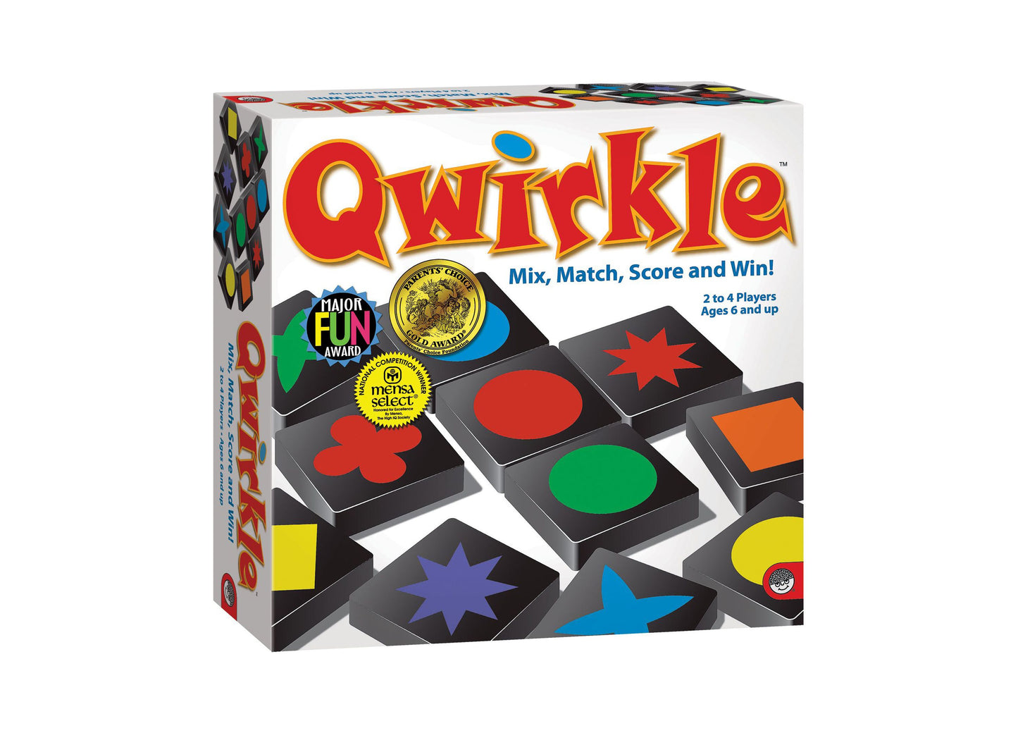Qwirkle board game box showing colorful tile-matching gameplay with red, green, blue, yellow and orange shapes on black tiles
