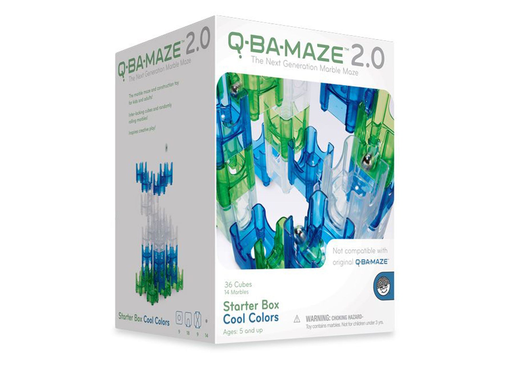 Q-BA-MAZE 2.0 Starter Box Cool Colors with 36 cubes and 14 marbles in blue and green transparent pieces