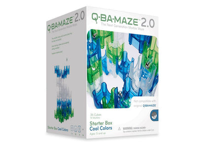 Q-BA-MAZE 2.0 Starter Box Cool Colors with 36 cubes and 14 marbles in blue and green transparent pieces