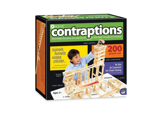 KEVA Contraptions 200-piece plank building set box showing child stacking wooden planks to build structures with tunnels, ramps, and chutes, ages 7+