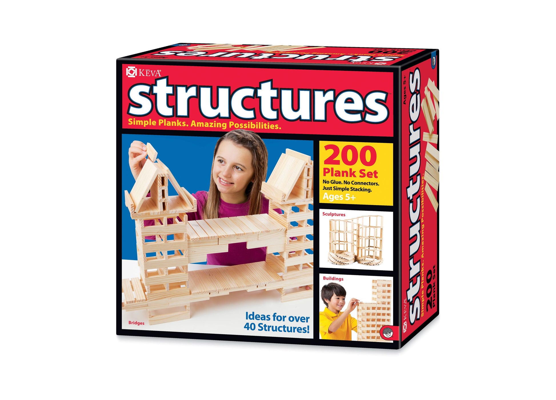 KEVA Structures 200 Plank Set box showing wooden planks stacked into structures modeled by a child, with examples of bridges, sculptures, and buildings on packa