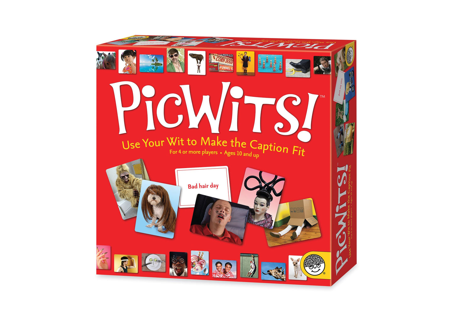 PicWits! Photo Caption Matching Party Game box featuring red packaging with tagline 'Use Your Wit to Make the Caption Fit', game photos and sample cards display