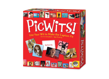 PicWits! Photo Caption Matching Party Game box featuring red packaging with tagline 'Use Your Wit to Make the Caption Fit', game photos and sample cards display