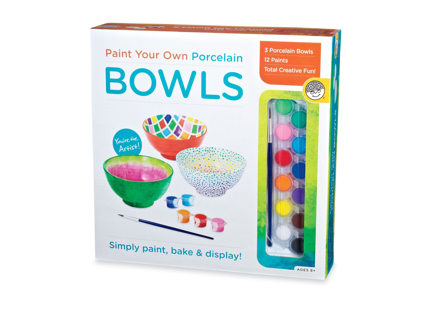 Paint Your Own Porcelain Bowls craft kit box showing three unpainted porcelain bowls, paintbrushes, and 12 paint colors included