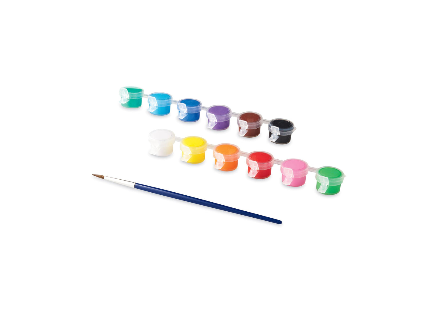 Paint set with 12 colorful paint pots in turquoise, cyan, blue, purple, brown, black, white, yellow, orange, red, pink, and green, plus a blue paintbrush with b