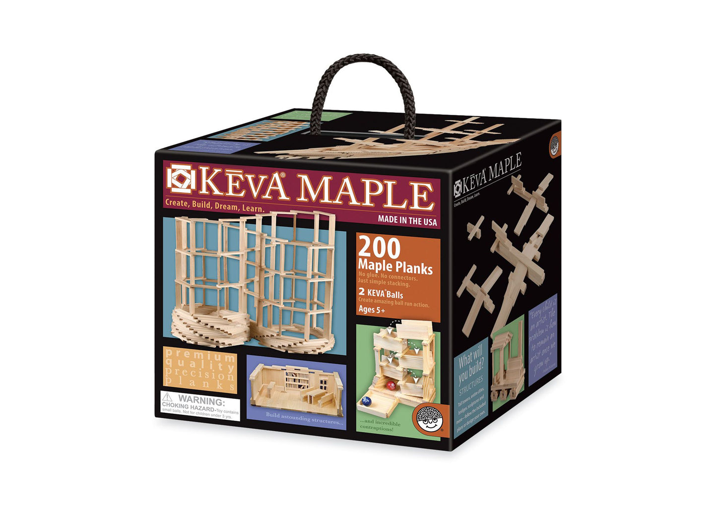 KEVA Maple building set box with rope handle, showing 200 maple planks and 2 KEVA balls, featuring images of constructed structures on packaging, ages 5+, made
