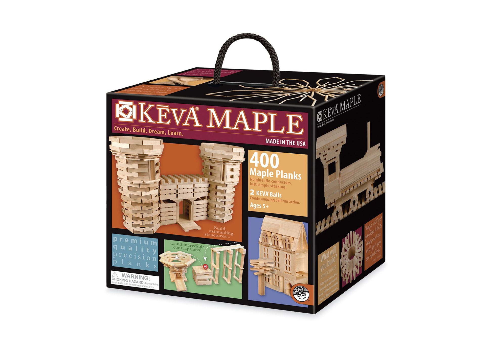 KEVA Maple 400-piece building plank set box showing wooden planks and constructed structures like a castle and building, includes 2 KEVA balls, ages 5+, made in