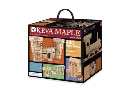 KEVA Maple 400-piece building plank set box showing wooden planks and constructed structures like a castle and building, includes 2 KEVA balls, ages 5+, made in