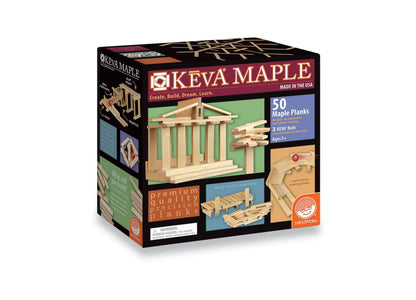 KEVA Maple building set box showing wooden planks and constructed structures including a temple and bridge, 50 maple planks and 2 KEVA balls included, ages 5+