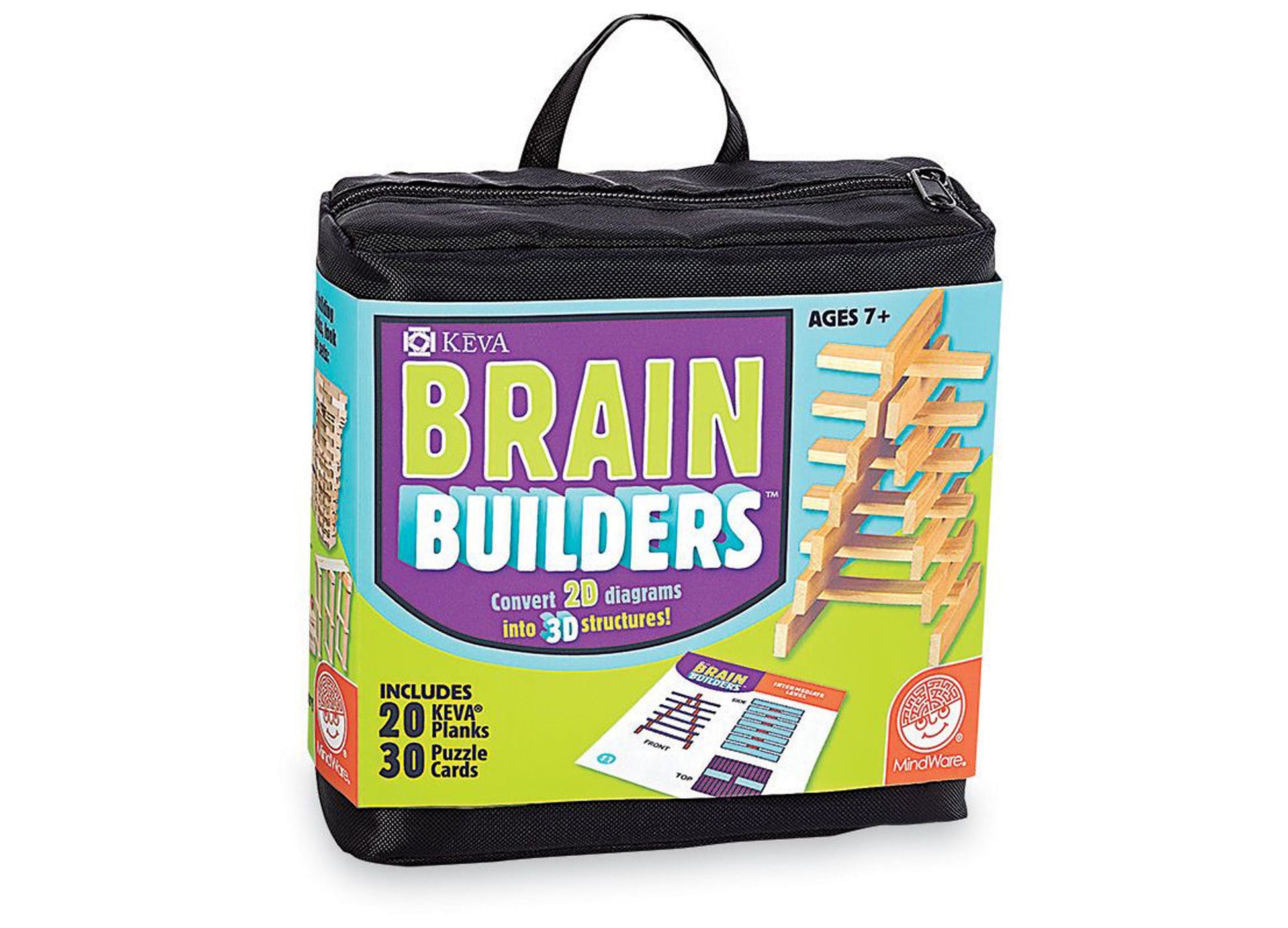 KEVA Brain Builders building set with black carrying bag, includes 20 wooden planks and 30 puzzle cards to convert 2D diagrams into 3D structures, ages 7+