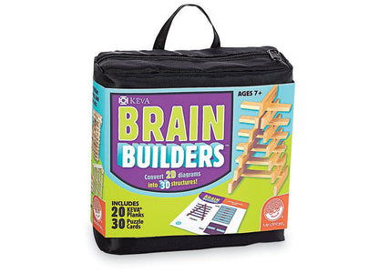 KEVA Brain Builders building set with black carrying bag, includes 20 wooden planks and 30 puzzle cards to convert 2D diagrams into 3D structures, ages 7+